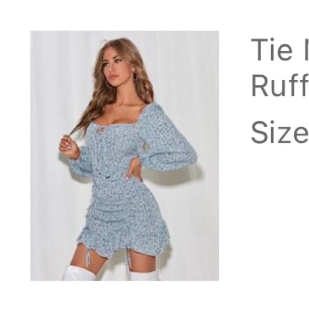 Tie Neck Drawstring Knot Ruffle Hem Ditsy Floral Dress